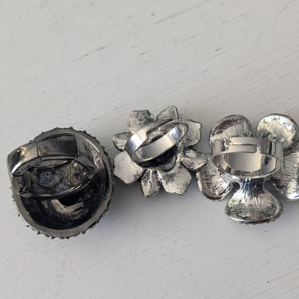 3 Adjustable Size Statement Rings Silver and Marcasite Floral
